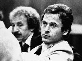 In this April 26, 1979, file photo, Ted Bundy leans back in his chair in the courtroom before his trial in Tallahassee, Fla.