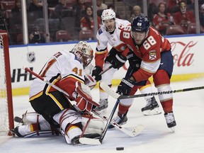 Florida Panthers left wing Mike Hoffman tries to score against as Calgary Flames goaltender Mike Smith blocks the puck during the first period of an NHL hockey game Thursday, Feb. 14, 2019, in Sunrise, Fla.