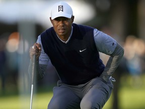 Tiger Woods reads the green before putting on the 12th hole for birdie during the third round of the Genesis Open at the Riviera Country Club in Los Angeles yesterday.  AP