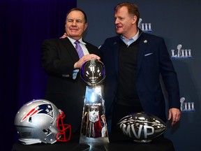 NFL Commissioner Roger Goodell, right, congratulates Super Bowl LIII champion Head Coach Bill Belichick of the New England Patriots at the Georgia World Congress Center on Feb. 4, 2019 in Atlanta, Georgia. (Scott Cunningham/Getty Images)