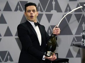 Rami Malek sprays champagne during the 91st Annual Academy Awards Governors Ball at Hollywood and Highland on Feb. 24, 2019 in Hollywood, Calif. (Kevork Djansezian/Getty Images)