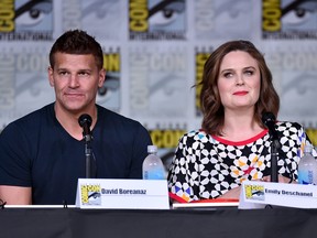 Actors David Boreanaz, left, and Emily Deschanel attend the "Bones" panel during Comic-Con International 2016 at San Diego Convention Center on July 22, 2016 in San Diego, Calif.  (Alberto E. Rodriguez/Getty Images)