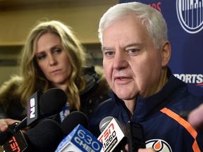 Edmonton Oilers head coach Ken Hitchcock being interview after practice before heading out on the road to face the Penguins Wednesday in Pittsburg, at the Community Rink in Edmonton, Feb. 11, 2019.