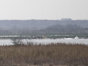 Emergency personnel work at the scene of a plane crash site in Trinity Bay in Anahuac, Texas on Saturday, Feb. 23, 2019.