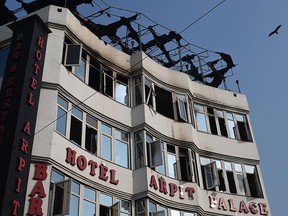 A general view shows the Hotel Arpit Palace after a fire broke out on its premises in New Delhi on Feb. 12, 2019.