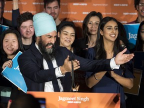 NDP leader Jagmeet Singh celebrates his Burnaby South byelection win in Burnaby, B.C., Monday, Feb. 25, 2019. THE CANADIAN PRESS/Jonathan Hayward