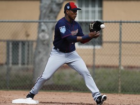Minnesota Twins shortstop Jorge Polanco practices a drill during spring training, Wednesday, Feb. 21, 2018, in Fort Myers, Fla. (AP Photo/John Minchillo)