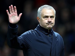 Jose Mourinho applauds supporters during the UEFA Europa League game between Manchester United and AS Saint-Etienne at Old Trafford on February 16, 2017 in Manchester. (Clive Brunskill/Getty Images)
