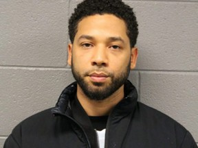 In this handout provided by the Chicago Police Department, Jussie Smollett poses for a booking photo after turning himself into the Chicago Police Department on Feb. 21, 2019.