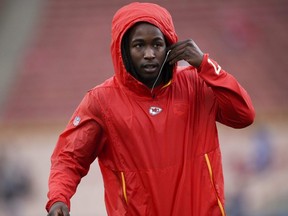 In this Nov. 19, 2018, file photo, Chiefs running back Kareem Hunt warms up before an NFL game against the Rams, in Los Angeles.