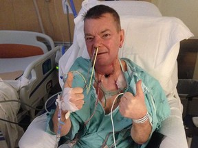 Kim Clarke Champniss shared this photo of himself on Facebook with the news that he had a tumour removed from his voice-box and swallow tube. (Facebook)