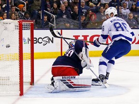 Nikita Kucherov of the Tampa Bay Lightning beats Joonas Korpisalo of the Columbus Blue Jackets on February 18, 2019 at Nationwide Arena in Columbus, Ohio. (Kirk Irwin/Getty Images)