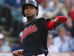Francisco Lindor of the Cleveland Indians points after scoring at Progressive Field on September 16, 2017 in Cleveland. (Ron Schwane/Getty Images)