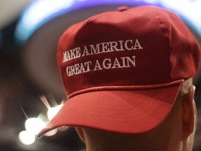 A supporter wears a Make America Great Again hat during a campaign rally for Republican presidential candidate Donald Trump on Monday, April 25, 2016, in Wilkes-Barre, Pa. (Jake Danna Stevens/The Times-Tribune via AP)