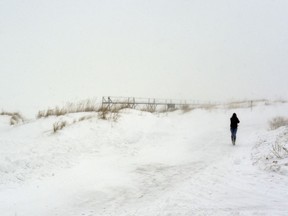 A hiker makes her way through blowing and drifting snow as she sprints back to her car Thursday, Jan. 31, 2019, at Tiscornia Park in St. Joseph, Mich.