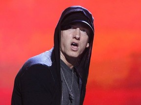 This Sept. 10, 2010 file photo shows rapper Eminem performing at Yankee Stadium in New York.