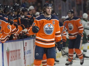 Connor McDavid of the Edmonton Oilers celebrates his first period goal against the Minnesota Wild at Rogers Place in Edmonton on December 7, 2018. Shaughn Butts / Postmedia
