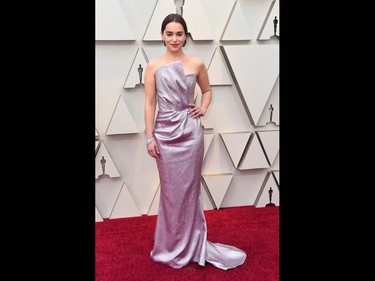 Emilia Clarke arrives at the Oscars on Sunday, Feb. 24, 2019, at the Dolby Theatre in Los Angeles. (Jordan Strauss/Invision/AP)
