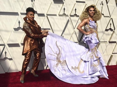 Jenifer Lewis, left, and Shangela arrive at the Oscars on Sunday, Feb. 24, 2019, at the Dolby Theatre in Los Angeles. (Jordan Strauss/Invision/AP)