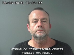 This Wednesday, Feb. 6, 2019 booking photo released by Monroe County Correctional Center shows Robert P. Carter, an Indianapolis man who was arrested after ramming his SUV through a security gate at the home of rocker John Mellencamp and kicking in a door. (Monroe County Correctional Center via AP)
