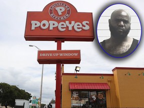 Phillip Lee (inset) allegedly robbed a Popeye's in New Orleans of its chicken after failing to get the cash register open.