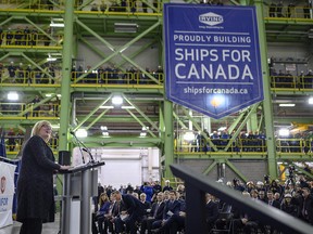 Carla Qualtrough, minister of public services and procurement and accessibility, announces Lockheed Martin Canada as the designer of 15 new Canadian Surface Combatants to be built at Irving Shipbuilding's Halifax shipyard in Halifax on Friday, Feb. 8, 2019.