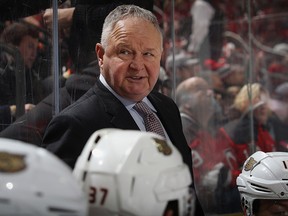 Randy Carlyle of the Anaheim Ducks handles bench duties against the New Jersey Devils at the Prudential Center on January 19, 2019 in Newark. (Bruce Bennett/Getty Images)