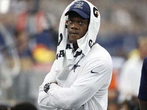 In this Sept. 27, 2015, file photo, Dallas Cowboys defensive end Randy Gregory watches play from the sideline during the team's game against the Atlanta Falcons in Arlington, Texas. (AP Photo/Brandon Wade, File)