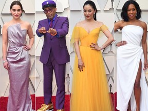 From left to right, Emilia Clarke, Spike Lee, Constance Wu and Regina King pose on the red carpet as they arrive at the Oscars at the Dolby Theatre in Los Angeles on Sunday, Feb. 24, 2019.