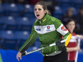 Saskatchewan skip Robyn Silvernagle reacts to her shot as they play Newfoundland and Labrador at the Scotties Tournament of Hearts in Sydney, N.S. on Tuesday, Feb. 19, 2019.