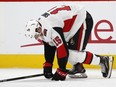 Ottawa Senators left wing Zack Smith tries to skate off the ice after being injured in the second period of an NHL hockey game against the Colorado Avalanche, Friday, Oct. 26, 2018, in Denver.