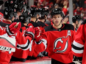 Taylor Hall of the New Jersey Devils celebrates his goal against the Winnipeg Jets at Prudential Center on December 01, 2018 in Newark, New Jersey. (Elsa/Getty Images)