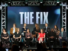 Sarah Fain, from left, Alex Saxon, Liz Craft, Breckin Meyer, Marcia Clark, Merrin Dungey, Robin Tunney, Adam Rayner, Adewale Akinnuoye-Agbaje, Mouzam Makkar and Scott Cohen participate in the "The Fix" panel during the ABC presentation at the Television Critics Association Winter Press Tour at The Langham Huntington on Tuesday, Feb. 5, 2019, in Pasadena, Calif.