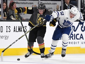 Reilly Smith of the Vegas Golden Knights skates with the puck against Jake Gardiner of the Toronto Maple Leafs at T-Mobile Arena on December 31, 2017 in Las Vegas. (Ethan Miller/Getty Images)