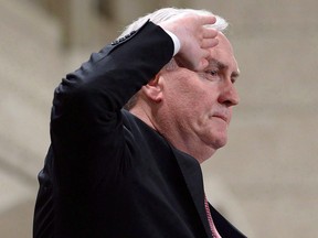 Kevin Vickers, ambassador to Ireland and former sergeant-at-arms,  salutes as he is recognized in the House of Commons on Parliament Hill in Ottawa on March 30, 2015.