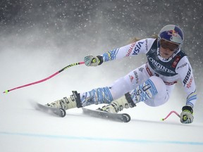 Lindsey Vonn speeds down the course during the downhill portion of the women's combined, at the alpine ski World Championships in Are, Sweden, Friday, Feb. 8, 2019. (AP Photo/Alessandro Trovati)
