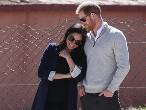 Prince Harry, Duke of Sussex, and Meghan Markle, Duchess of Sussex, visit a local secondary school in Asni, Morocco, Feb. 24, 2019. (John Rainford/WENN.com)