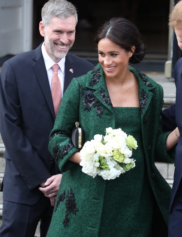 Meghan Markle wore a green coat by Montreal-born designer Erdem Moralioglu at an event at Canada House to mark Commonwealth Day, March 11, 2019. (John Rainford/WENN.com)