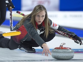 Ontario skip Rachel Homan delivers a rock as they play Saskatchewan in semifinal action at the Scotties Tournament of Hearts at Centre 200 in Sydney, N.S., on Sunday, Feb. 24, 2019. THE CANADIAN PRESS/Andrew Vaughan