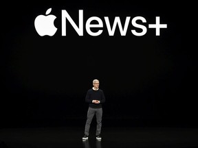 Apple Inc. CEO Tim Cook speaks during a company product launch event at the Steve Jobs Theater at Apple Park on March 25, 2019 in Cupertino, California. Apple Inc. announced the launch of , it's new video streaming service, and also unveil a premium subscription tier to its News app.