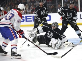 Jonathan Quick (32) of the Los Angeles Kings blocks a shot on goal by Jordan Weal of the Montreal Canadiens during the first period of a game at the Staples Center on March 05, 2019 in Los Angeles.