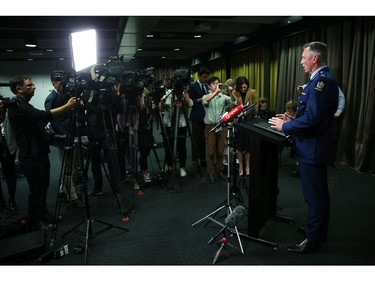 WELLINGTON, NEW ZEALAND - MARCH 15: Police Commissioner Mike Bush speaks to media during a press conference at Royal Society Te Aparangi on March 15, 2019 in Wellington, New Zealand. One person is in custody and police are searching for another gunmen following several shootings at mosques in Christchurch. Police have not confirmed the number of casualties or fatalities. All schools and businesses are in lock down as police continue to search for other gunmen.