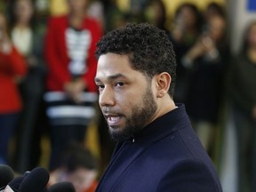 Actor Jussie Smollett speaks with members of the media after his court appearance at Leighton Courthouse on March 26, 2019 in Chicago, Illinois.