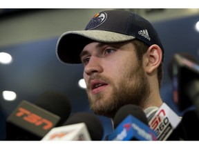 Leon Draisaitl speaks to the media at Rogers Place following the conclusion of the Edmonton Oilers' 2017/2018 NHL season, in Edmonton Sunday April 8, 2018.