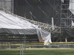 Investigators survey the scene at Downsview Park in Toronto, June 18, 2012, following a stage collapse just before a Radiohead concert, which left one man dead and 3 others injured.