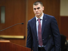 In this Oct. 24, 2018 file photo, Denver Broncos backup quarterback Chad Kelly appears for a hearing in the Arapahoe County Courthouse in Centennial, Colo. (AP Photo/David Zalubowski, Pool, File)