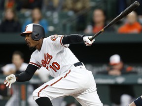 Adam Jones of the Baltimore Orioles hits a double against the Tampa Bay Rays at Oriole Park at Camden Yards on April 24, 2017 in Baltimore. (Matt Hazlett/Getty Images)