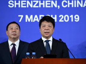 Huawei's rotating chairman Guo Ping speaks during a press conference in Shenzhen, China's Guangdong province on March 7, 2019. (WANG ZHAO/AFP/Getty Images)