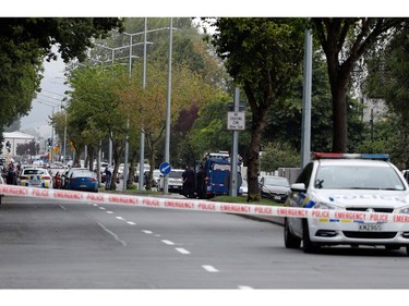 Police cordon off the area in front of the Masjid al Noor mosque after a shooting incident in Christchurch on March 15, 2019.