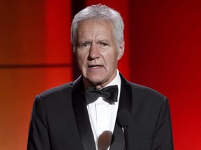 In this April 30, 2017 file photo, Alex Trebek speaks at the 44th annual Daytime Emmy Awards at the Pasadena Civic Center in Pasadena, Calif.